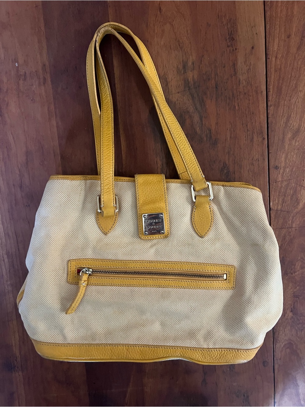 Dooney and Burke Purse Bag, Yellow Cream Ivory Leather Canvas Red Interior